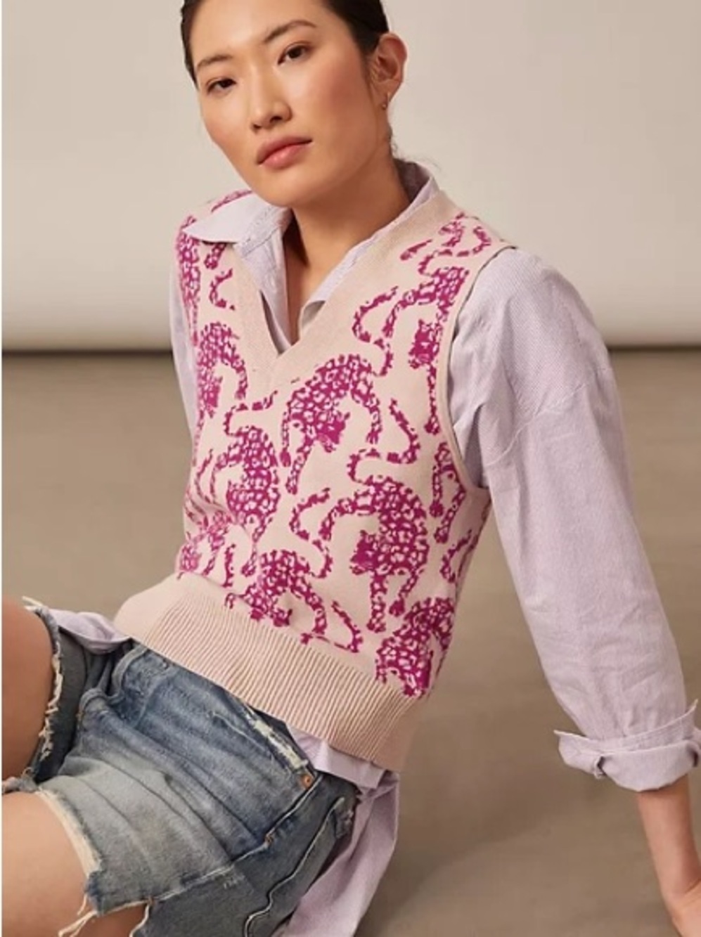 Maeve Anthropologie Leopard Sweater Vest Pink Magenta V-Neck Knit Size Small